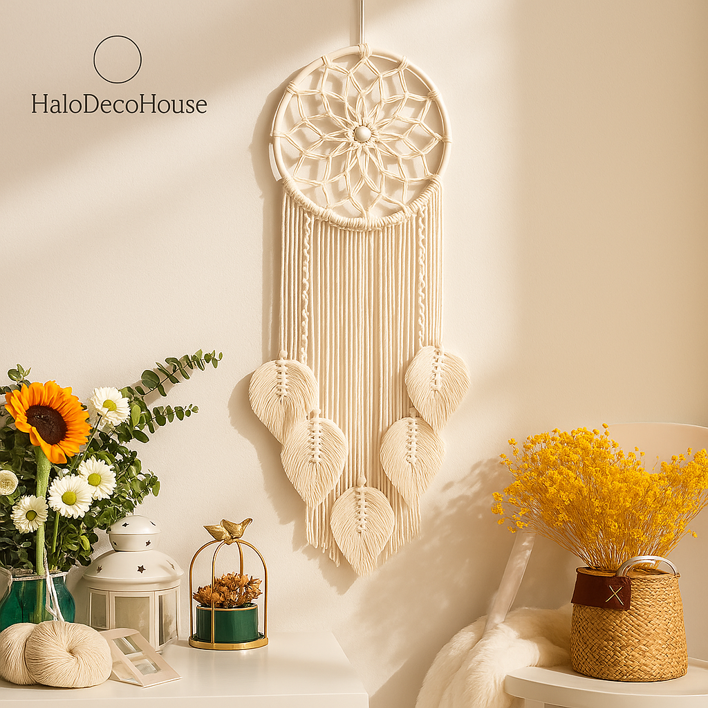 Boho Macrame Dreamcatcher with Leaf Design