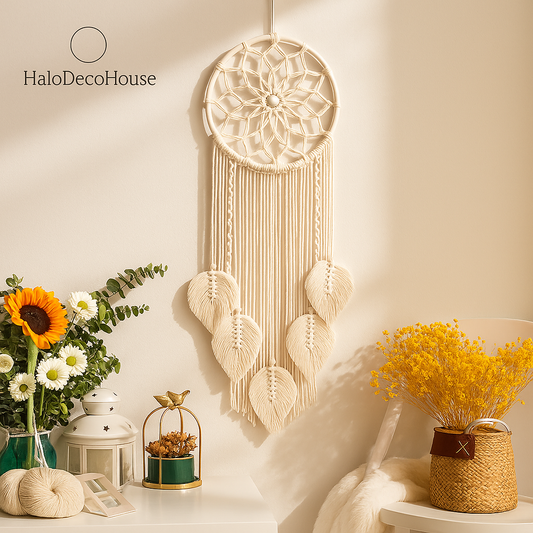 Boho Macrame Dreamcatcher with Leaf Design