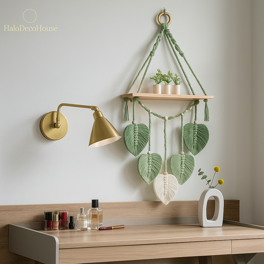 🌿 Macrame Wall Shelf with Wooden Board – Boho Hanging Decoration