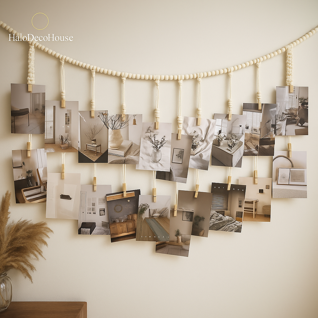 Boho Macrame Photo Display with Wooden Beads