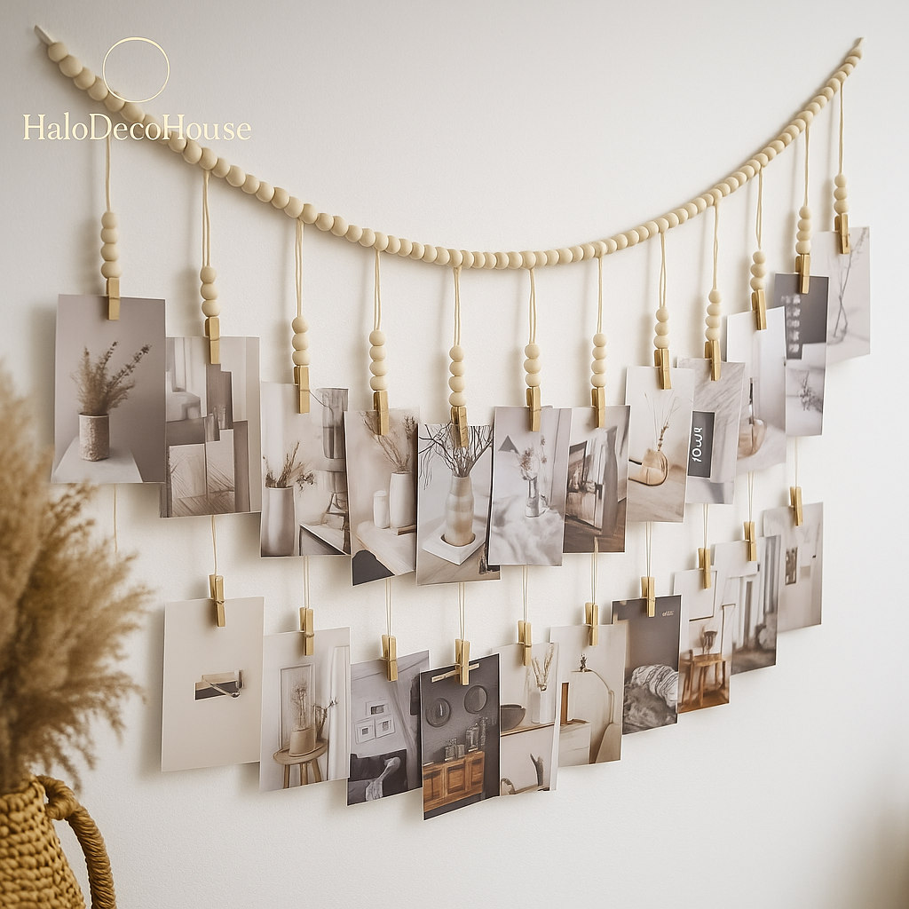 Boho Macrame Photo Display with Wooden Beads