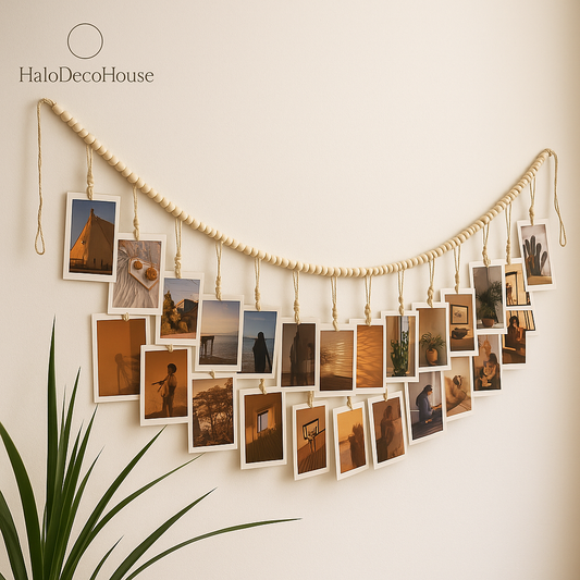 Boho Macrame Photo Display with Wooden Beads