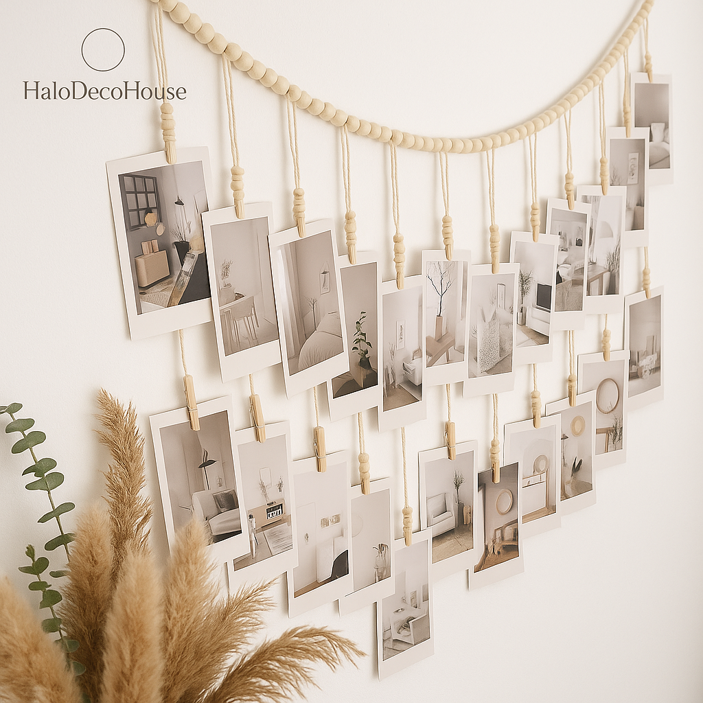 Boho Macrame Photo Display with Wooden Beads