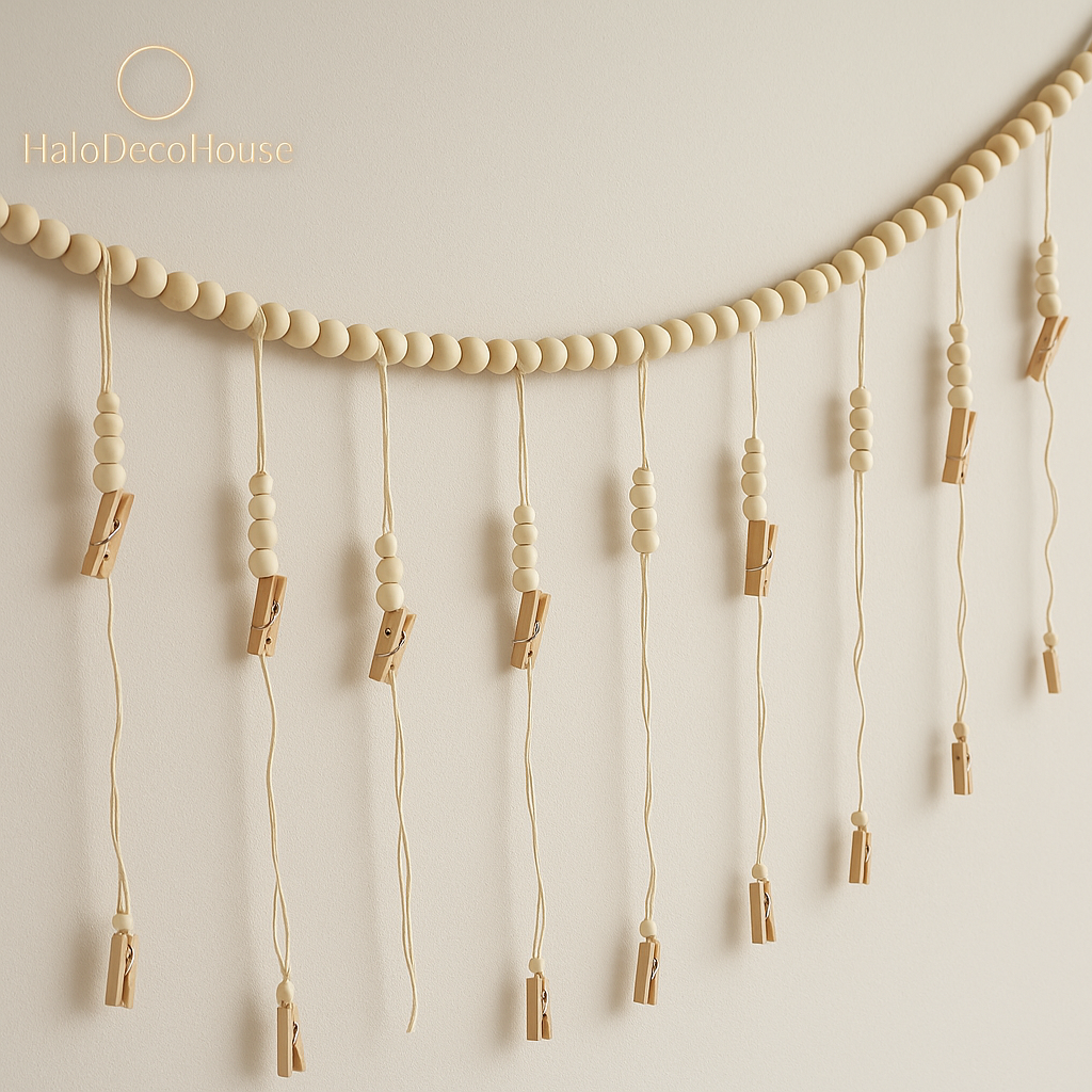Boho Macrame Photo Display with Wooden Beads