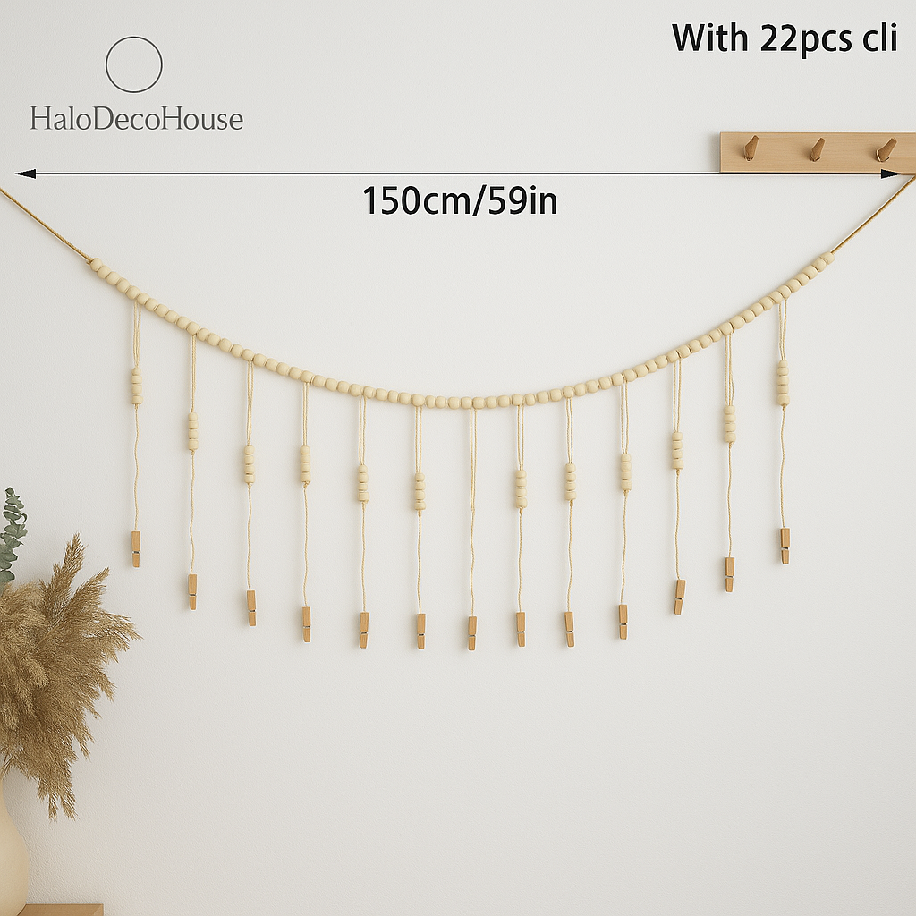 Boho Macrame Photo Display with Wooden Beads