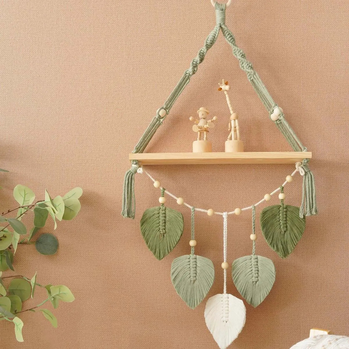🌿 Macrame Wall Shelf with Wooden Board – Boho Hanging Decoration
